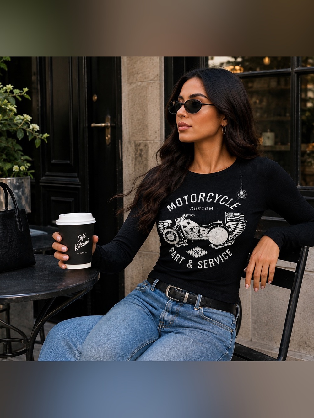 Princess Polly NWT Black Motorcycle Graphic Ribbed Long Sleeve Top